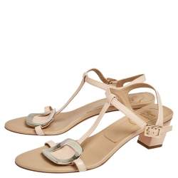 Pre Owned Roger Vivier Beige Leather Chips Embellished T-Strap Sandals Size 39.5