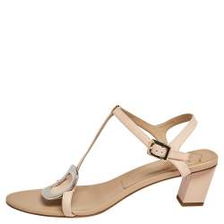 Pre Owned Roger Vivier Beige Leather Chips Embellished T-Strap Sandals Size 39.5