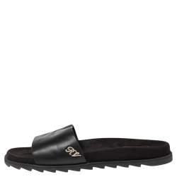Roger Vivier Black Leather and Suede Logo Crystals Flat Slides Size 41 