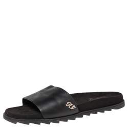 Roger Vivier Black Leather and Suede Logo Crystals Flat Slides Size 41 