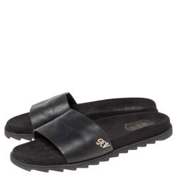 Roger Vivier Black Leather and Suede Logo Crystals Flat Slides Size 41 