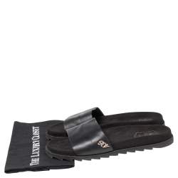 Roger Vivier Black Leather and Suede Logo Crystals Flat Slides Size 41 