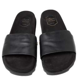 Roger Vivier Black Leather and Suede Logo Crystals Flat Slides Size 41 