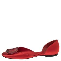 Roger Vivier Red Satin Strass Chips Ballerina D'orsay Flats Size 39