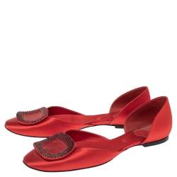 Roger Vivier Red Satin Strass Chips Ballerina D'orsay Flats Size 39