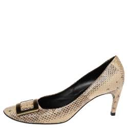 Pre Owned Roger Vivier  Beige/Brown Snakeskin Leather Embossed  Gommette Buckle Detail Pumps Size 41