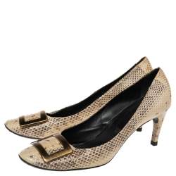 Pre Owned Roger Vivier  Beige/Brown Snakeskin Leather Embossed  Gommette Buckle Detail Pumps Size 41