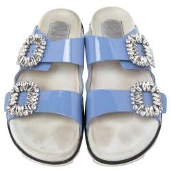 Pre Owned Roger Vivier Blue Patent Leather Slidy Viv Buckle Mule Sandals Size 40
