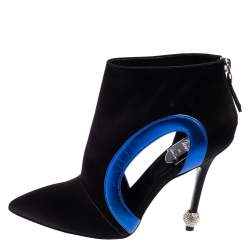 Roger Vivier Black-Blue Satin Embellished Heel Pointed Toe Ankle Boots Size 36