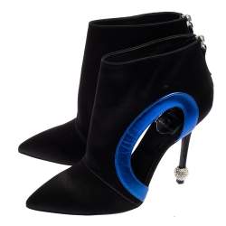 Roger Vivier Black-Blue Satin Embellished Heel Pointed Toe Ankle Boots Size 36