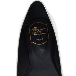 Roger Vivier Metallic Silver/Black Leather Buckle Detail Square Cap Toe Ballet Flats Size 38.5