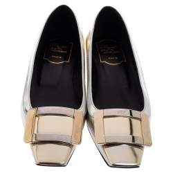 Pre Owned Roger Vivier Silver-Gold Leather Buckle Detail Square Cap Toe Ballet Flats Size 36