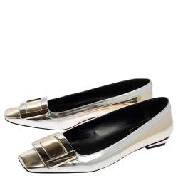 Pre Owned Roger Vivier Silver-Gold Leather Buckle Detail Square Cap Toe Ballet Flats Size 36
