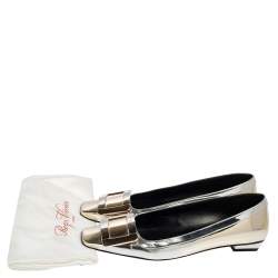 Pre Owned Roger Vivier Silver-Gold Leather Buckle Detail Square Cap Toe Ballet Flats Size 36