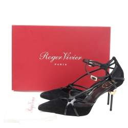 Pre Owned Roger Vivier Black Suede And Patent Leather Strappy Pointed Toe Pumps Size 38.5