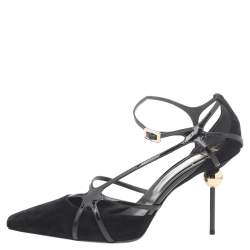 Pre Owned Roger Vivier Black Suede And Patent Leather Strappy Pointed Toe Pumps Size 38.5