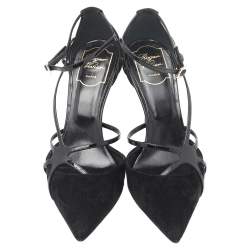 Pre Owned Roger Vivier Black Suede And Patent Leather Strappy Pointed Toe Pumps Size 38.5