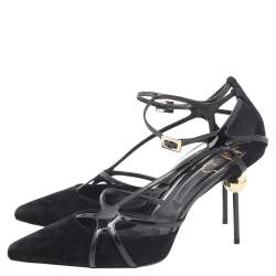 Pre Owned Roger Vivier Black Suede And Patent Leather Strappy Pointed Toe Pumps Size 38.5