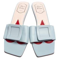 Pre Owned Roger Vivier Blue Leather Covered Buckle Mules Size 41