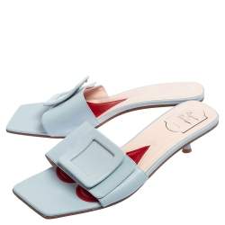 Pre Owned Roger Vivier Blue Leather Covered Buckle Mules Size 41