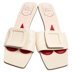 Roger Vivier Cream Leather Covered Buckle Mules Size 41