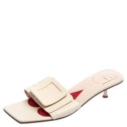 Roger Vivier Cream Leather Covered Buckle Mules Size 41