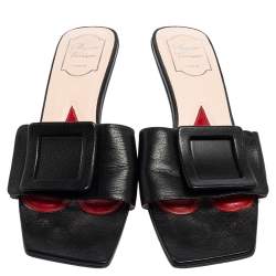 Pre Owned Roger Vivier Black Leather Covered Buckle Mules Size 41
