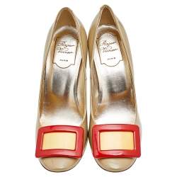 Pre Owned Roger Vivier Grey/Yellow Patent Leather Trompette Pumps Size 37.5