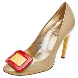 Pre Owned Roger Vivier Grey/Yellow Patent Leather Trompette Pumps Size 37.5
