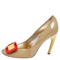 Pre Owned Roger Vivier Grey/Yellow Patent Leather Trompette Pumps Size 37.5