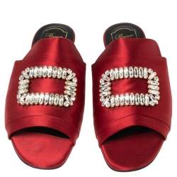 Roger Vivier Red Satin Crystal Embellished Flat Sandals Size 40