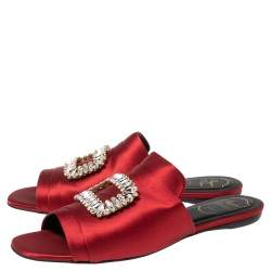 Roger Vivier Red Satin Crystal Embellished Flat Sandals Size 40