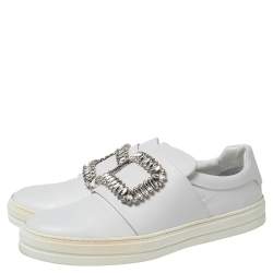 Pre Owned Roger Vivier White Leather Sneaky Viv Embellished Slip On Sneakers Size 40