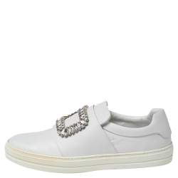 Pre Owned Roger Vivier White Leather Sneaky Viv Embellished Slip On Sneakers Size 40