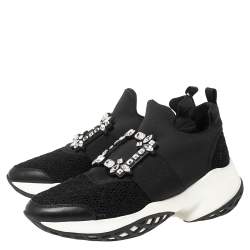 Pre Owned Roger Vivier Black Leather And Fabric Sneaky Viv Crystal Embellished Slip On Sneakers Size 40