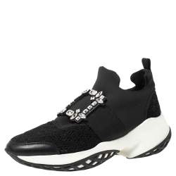 Pre Owned Roger Vivier Black Leather And Fabric Sneaky Viv Crystal Embellished Slip On Sneakers Size 40
