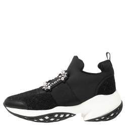 Pre Owned Roger Vivier Black Leather And Fabric Sneaky Viv Crystal Embellished Slip On Sneakers Size 40