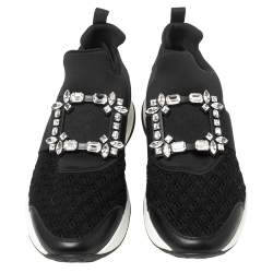 Pre Owned Roger Vivier Black Leather And Fabric Sneaky Viv Crystal Embellished Slip On Sneakers Size 40