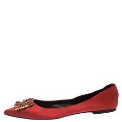 Pre Owned Roger Vivier Red Satin Crystal Embellished Ballet Flats Size 39