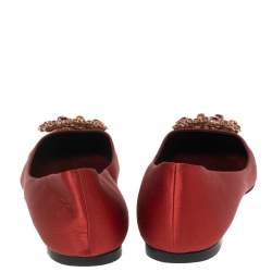 Pre Owned Roger Vivier Red Satin Crystal Embellished Ballet Flats Size 39