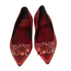 Pre Owned Roger Vivier Red Satin Crystal Embellished Ballet Flats Size 39