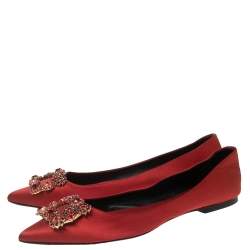 Pre Owned Roger Vivier Red Satin Crystal Embellished Ballet Flats Size 39