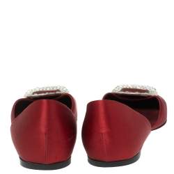 Pre Owned Roger Vivier Red Satin Crystal Embellished Chip Ballet Flats Size 40