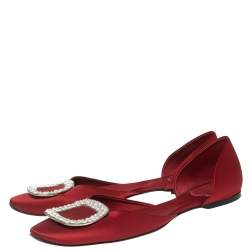Pre Owned Roger Vivier Red Satin Crystal Embellished Chip Ballet Flats Size 40