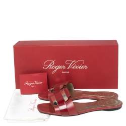 Roger Vivier Red Leather Pilgrim De Jour Flat Slides Size 36