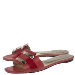 Roger Vivier Red Leather Pilgrim De Jour Flat Slides Size 36