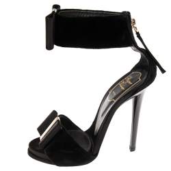 Pre Owned Roger Vivier Black Velvet Bow Ankle Strap Sandals Size 35