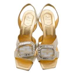 Pre Owned Roger Vivier Gold/Silver Lurex Fabric Crystal Embellished Slingback Sandals Size 40