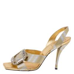 Pre Owned Roger Vivier Gold/Silver Lurex Fabric Crystal Embellished Slingback Sandals Size 40