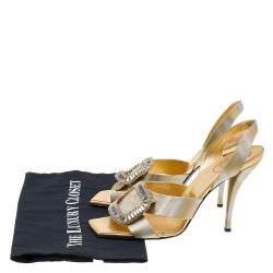 Pre Owned Roger Vivier Gold/Silver Lurex Fabric Crystal Embellished Slingback Sandals Size 40